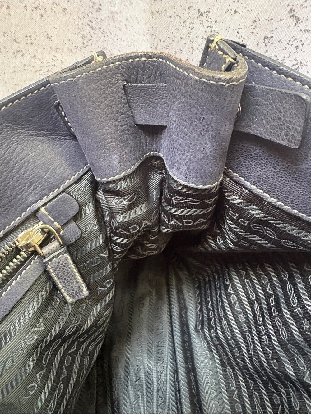 Prada Navy Nylon and Black Leather Double-Pocket Satchel with silver Hardware - Picture 11 of 15